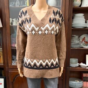 Old Navy Brown and Black Patterned V-Neck Sweater